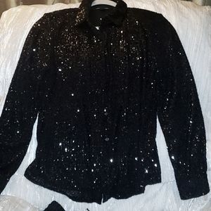 Black sequined blouse (s) and matched black sequined tuxedo style pants (L)